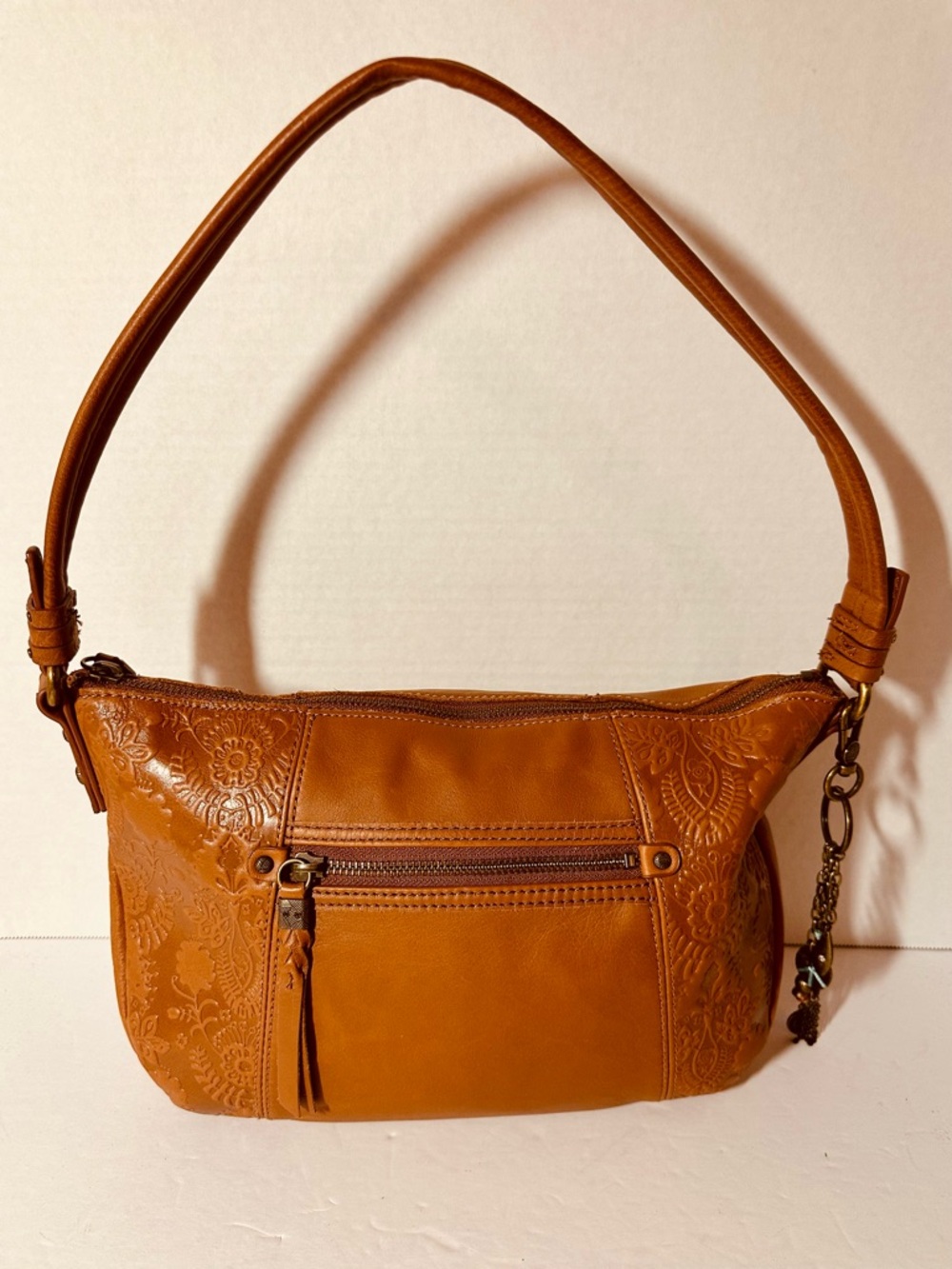 The Sak Sequoia Satchel Leather Embossed Purse Zip Closure +Charm 13” X 8” X 4”